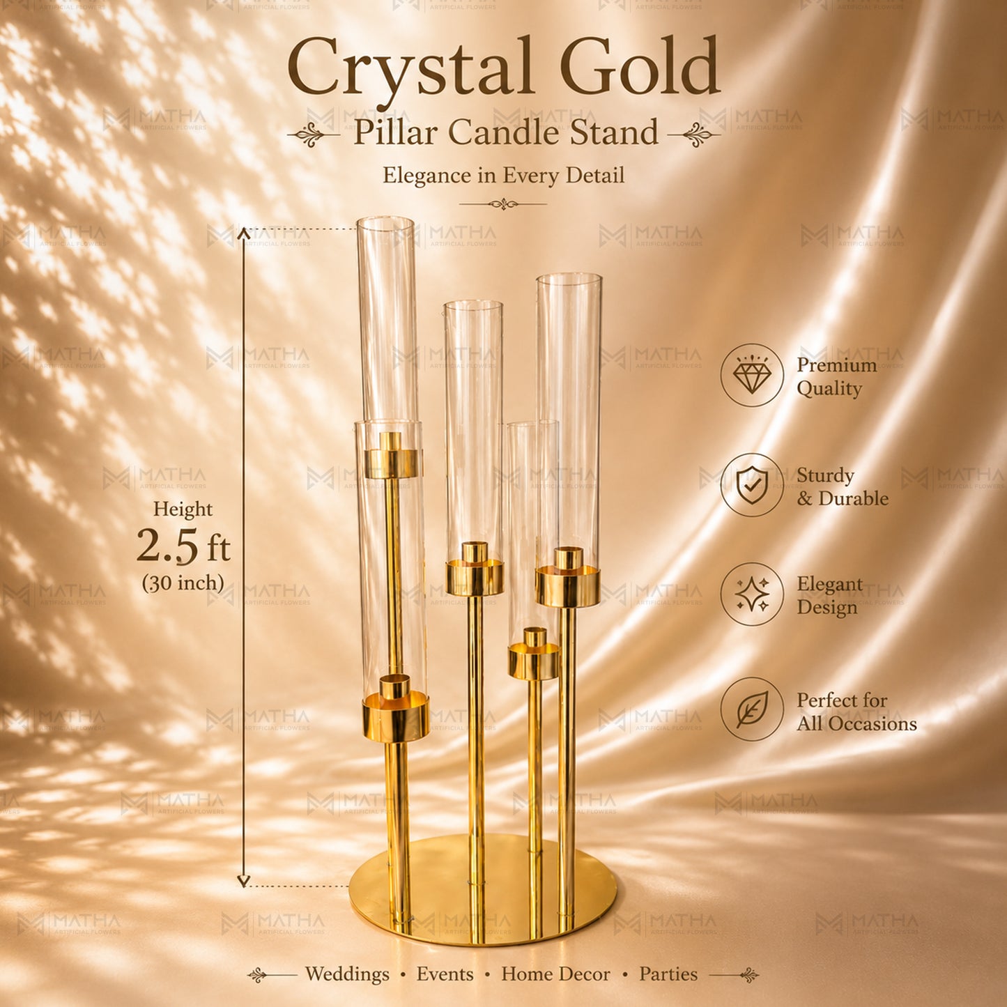 5 Tier Metal & Acrylic Candle Stand Gold Finish | 2.5ft