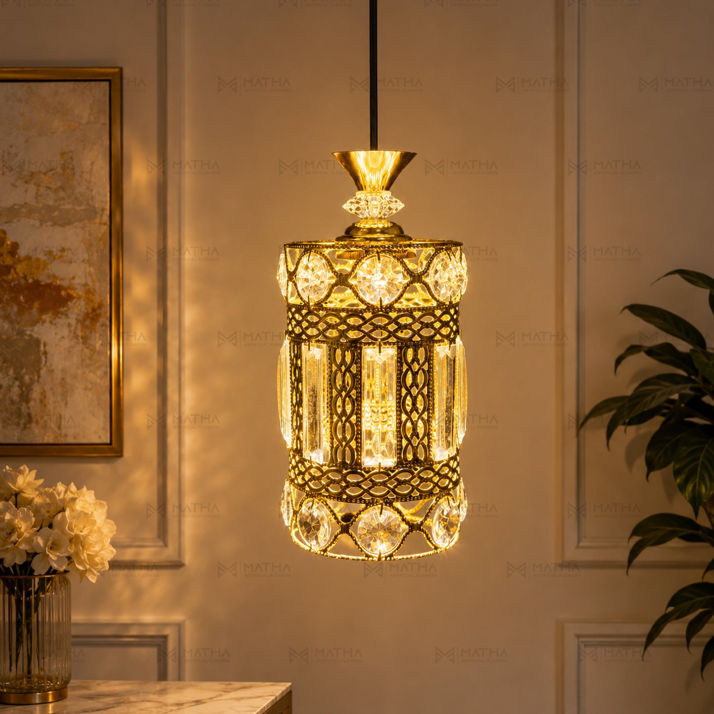Luxury Crystal Hanging Pendant Light | Gold Finish Decorative Chandelier | 10 Inch Height