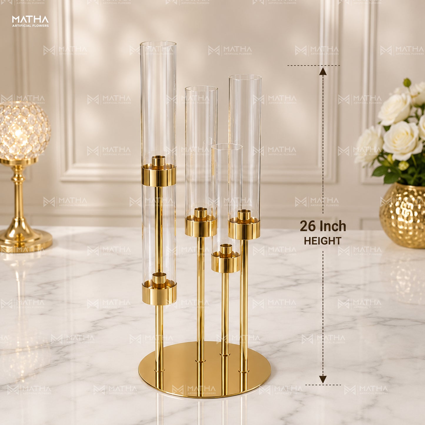 5 Tier Metal & Acrylic Candle Stand Gold Finish | 2.5ft